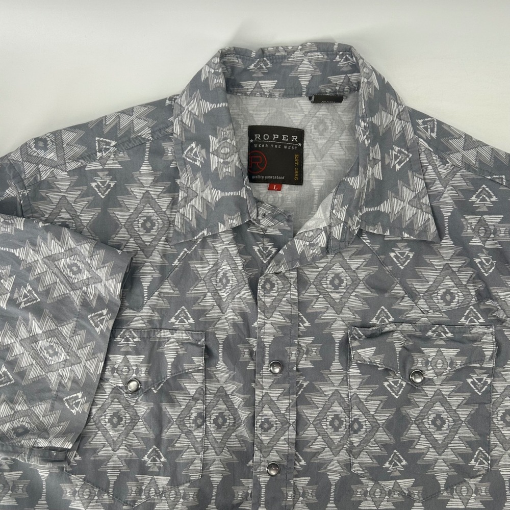 Roper Pearl Snap Shirt Mens Large Grey Southwestern Geometric Short Sleeve Shirt